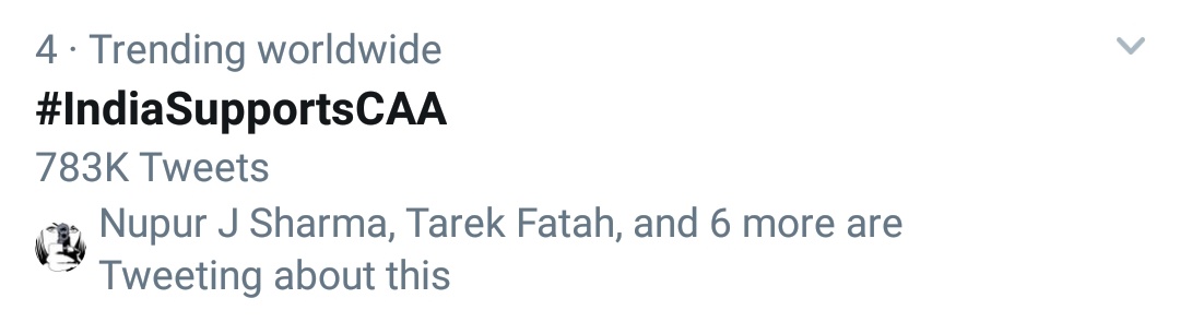Wow 783k tweets for #IndiaSupportsCAA and still trending world wide 
Lets give a strong push and cross 1 million mark #JaiSriRam