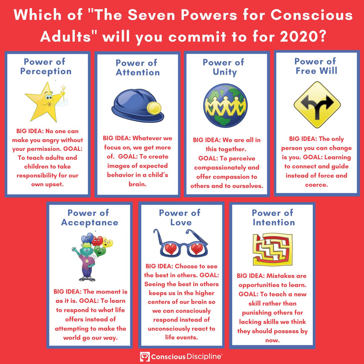 With the new year upon us in a few days, we encourage you to pick one of "The Seven Powers for Conscious Adults" to be your commitment for 2020. Retweet the one &amp; tag a friend who can help support you with it this year. We wish you well and a Happy New Year! #iHeartCD