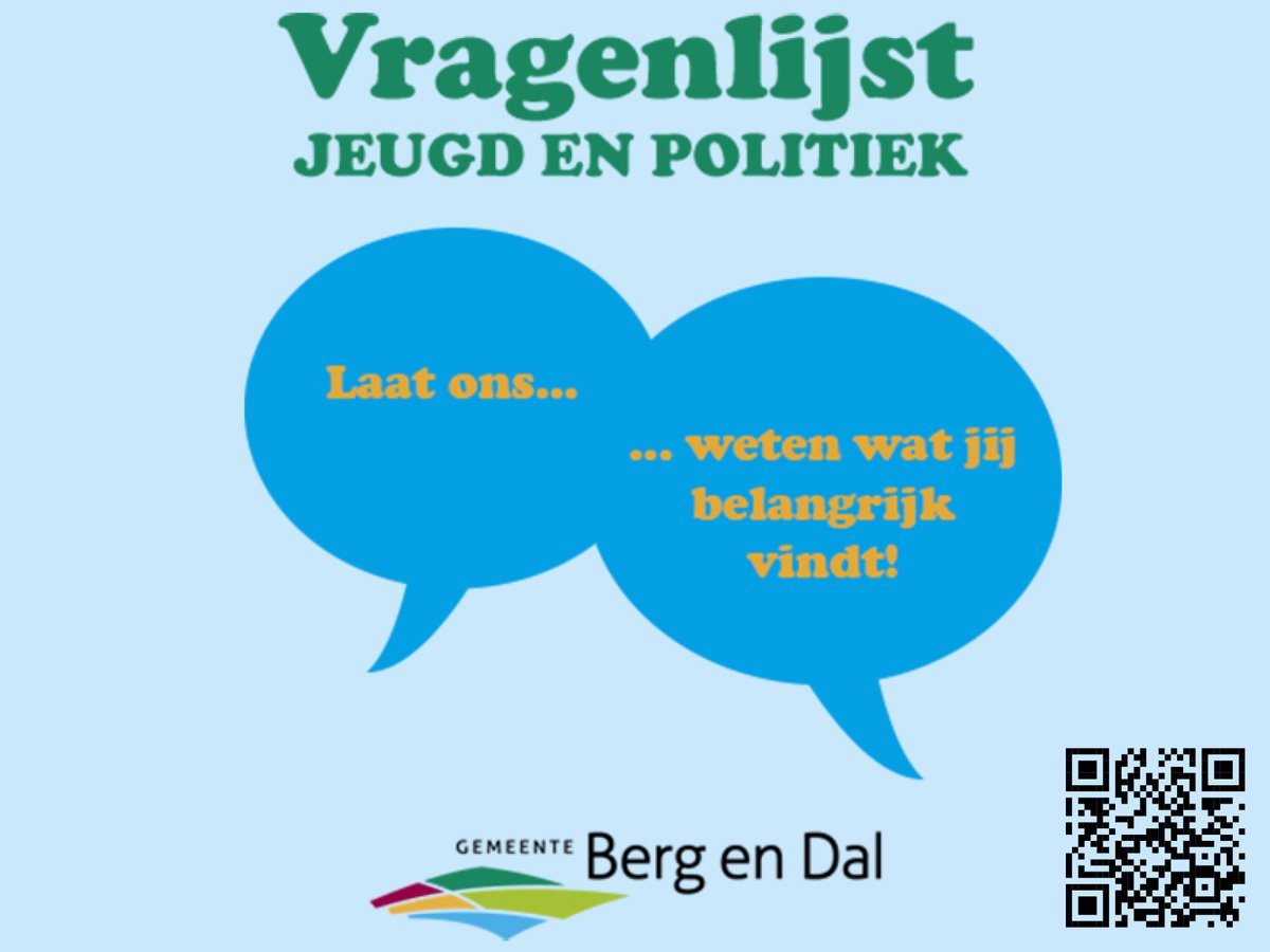 De gemeenteraad van Berg en Dal wil de jeugd uit onze gemeente betrekken bij de politiek. Wij hebben een vragenlijst gemaakt voor jongeren tussen de 15 en 23 jaar uit de gemeente Berg en Dal. Die staat op bit.ly/37nsY48. Laat jij ons weten wat jij belangrijk vindt?