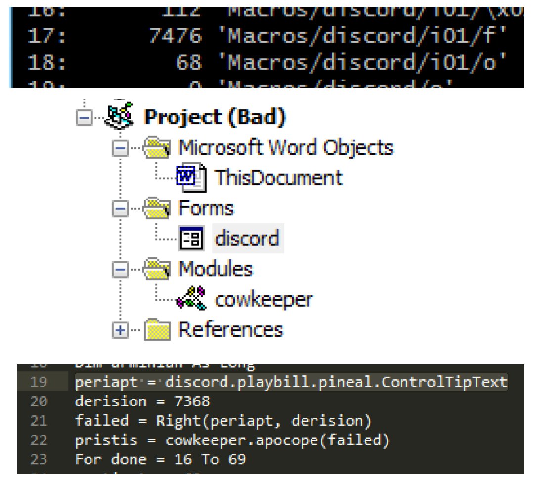 jstrosch's tweet photo. Once you've identified a user form (via trailing f/o) with #oledump, you also have the form name. This is used in macro code to reference controls and obtain content. Attached screenshot shows a user form of "discord" and the use of the form to access a control called playbill. https://t.co/i0Q0Clj9XO