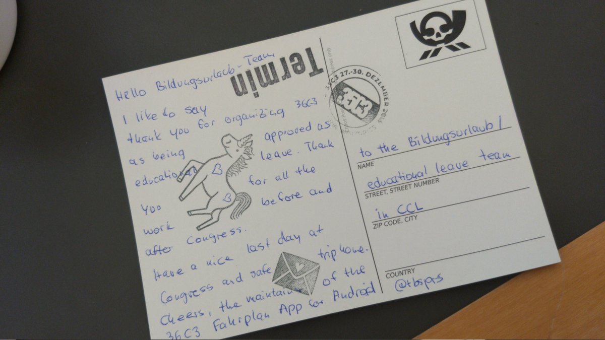Lovely people being lovely! We received a super sweet postcard from <a href="/tbsprs/">tbsprs</a> . Thank you!! 😍

We're done for this year! A HUGE thank you to this year's wonderful stamp crew  <3

Happy new year and looking forward to stamping stuff at #37c3  <3
#bildungsurlaub #36c3