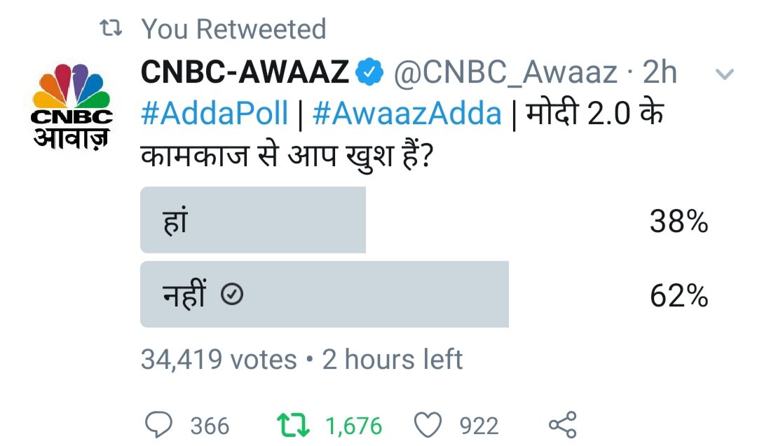 Shivabbhardwaj's tweet image. When Modi's losing the poll, fine, delete it. Fascist government it is and puppet media indeed.
#puppetCNBC
#puppetmedia
#modia
#CAAProtest 
#IndiaDoesNotSupportCAA