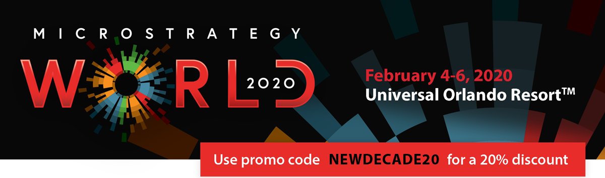 MicroStrategy's tweet photo. Register for MicroStrategy World 2020 w/ code "NEWDECADE20" by 1/2/20 and save 20%.

Use this time between the holidays and start of the new year to explore #analytics2020 sessions, workshops, &amp; special events, and to take advantage of this special offer: https://t.co/xjTIhQIRHT https://t.co/fLkaymdf4p