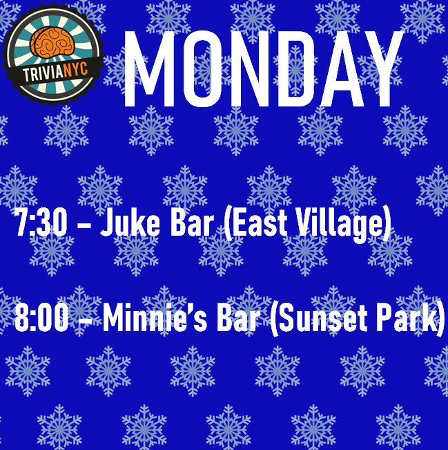 We're running a reduced schedule on this holiday week! Stop by @jukebarnyc or @minniesbarbk for your Monday trivia fix.

#trivia #trivianyc #nyc #nycevents #pubquiz #newyork #manhattan  #eastvillage #QCNY #trivialeague #nyctrivia #food #beer #nycdrinks #brooklyn #bklyn