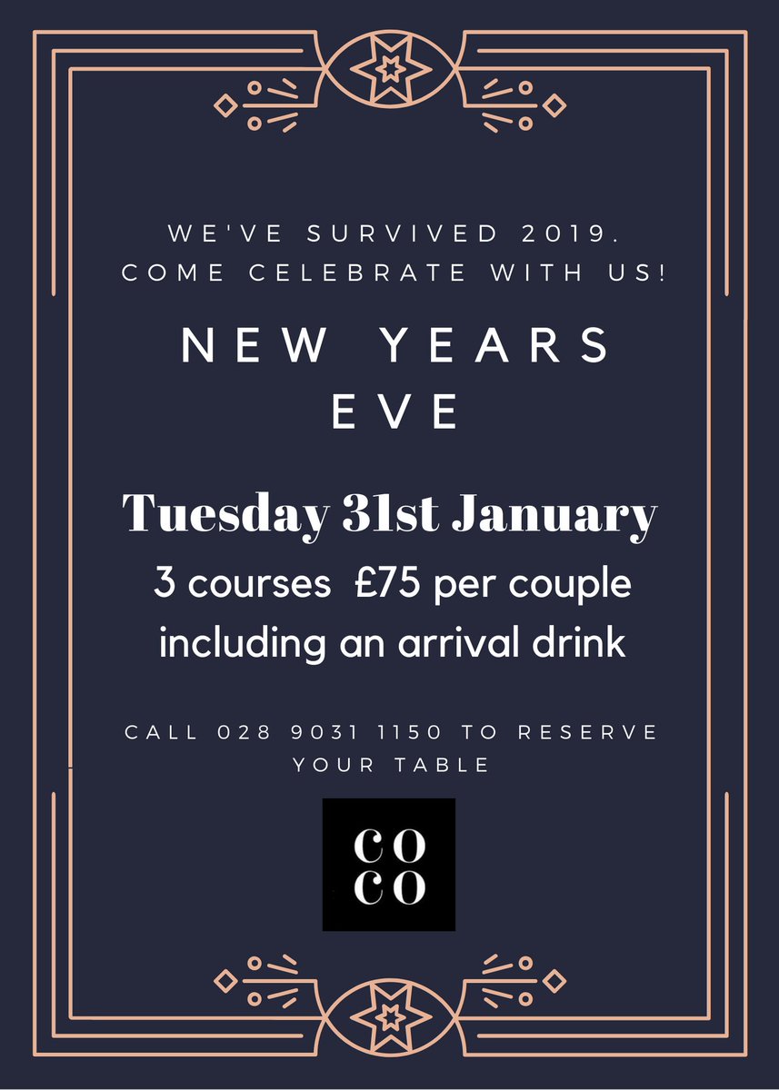 NEW YEARS EVE  🎉 
3 courses £75 per couple incl an arrival drink! 
come and celebrate with CoCo 🥂