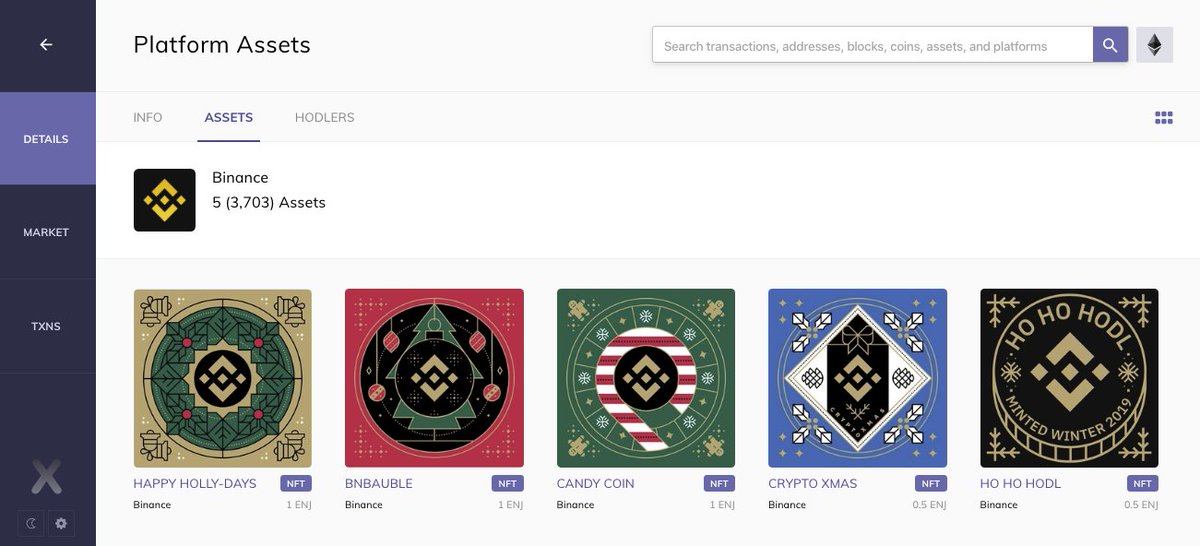 enjin's tweet photo. #BinanceCollectibles are going like hotcakes on Enjin Marketplace! 🥞

💎 5 limited edition @binance holiday NFTs
🏷️ 3,544 assets listed 
✅ 808 completed trades
💸 $39,000 in total trading volume (!)

View them all + complete your own collection: https://t.co/XBf5psU8I5

$ENJ https://t.co/8QHAncFFdq