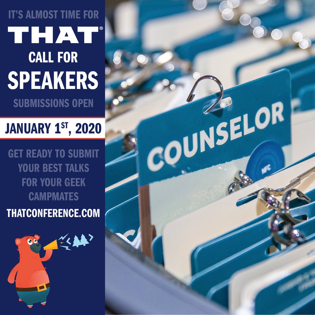 ThatConference's tweet photo. The #THATCallForSpeakers starts in just a couple of days! Mark your calendars, gather your abstracts, and get ready for the new https://t.co/jsDCHq0n85 website experience to submit to your favorite #SummerCampForGeeks.
#callforspeakers #callforpresenters #callforpapers https://t.co/SzYQRWXMz1
