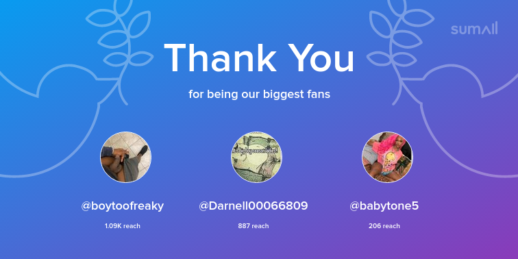 Our biggest fans this week: boytoofreaky, Darnell00066809, babytone5. Thank you! via https://t.co/uVkIgYdaax