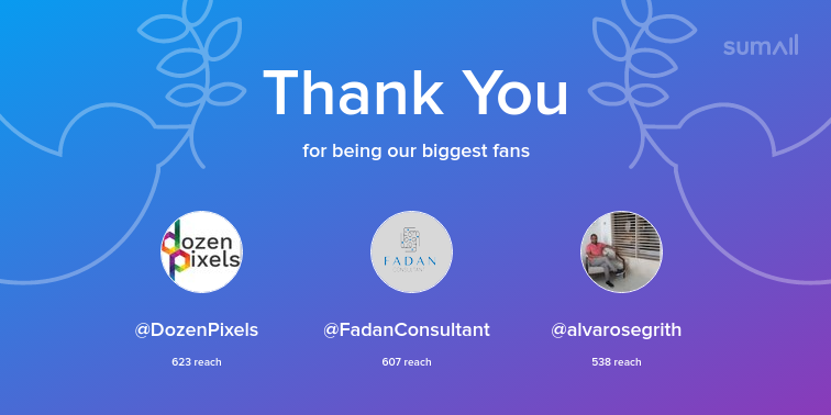 Our biggest fans this week: DozenPixels, FadanConsultant, alvarosegrith. Thank you! via sumall.com/thankyou?utm_s…