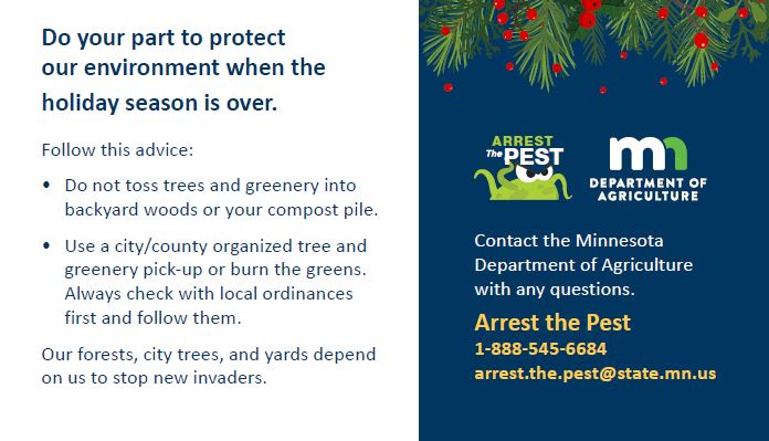 Protect our environment now Christmas is over. Follow this advice: Do not toss Christmas trees and greenery into backyard woods or your compost pile. Use a city/county organized tree &amp; greenery pick-up. Or burn the greens, but always check with local ordinances 1st &amp; follow them.