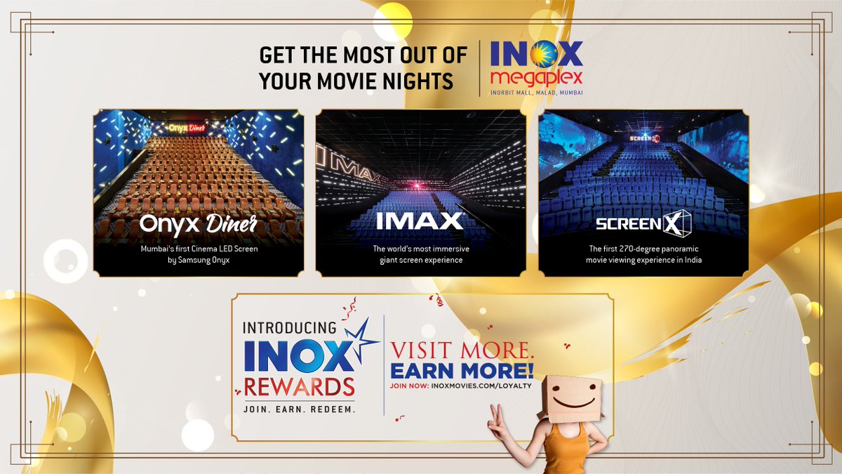 INOXMovies's tweet photo. Why go anywhere else when you can have a 270ยฐ view in #INOXScreenX, 26% more picture with #INOXIMAX, a magnificent experience with #INOXOnyx, a luxurious treatment at #INOXInsignia, and so much more at #INOXMegaplex, Malad.
Join #INOXRewards now: https://t.co/Gujtn80mKR https://t.co/8FZ00wlU4X