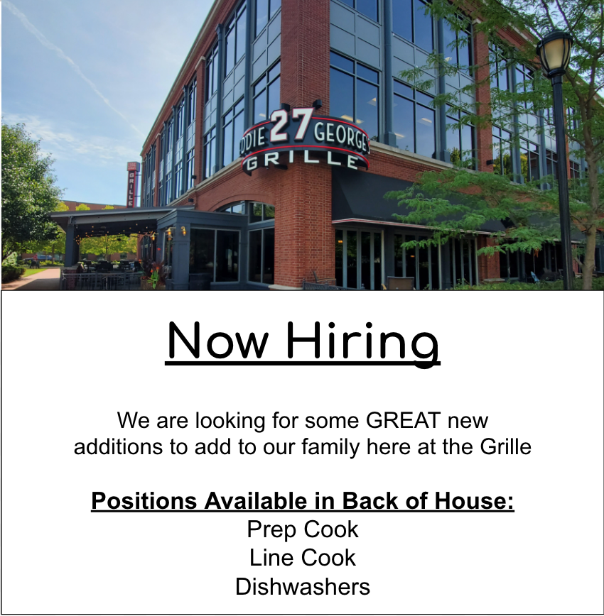 Grille27's tweet photo. Looking to start the new year with a new job?
We'd love for you to join our team here at the Grille!
We will be hosting open interviews for our back of house positions any day between 1:00 and 5:00pm or give us a call at 614-421-2727 to set up an interview today. https://t.co/IJrpXMTK7m