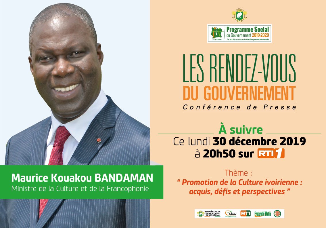 ✅A suivre,
#LesRendezVousDuGouvernement, le lundi 30 décembre 2019 à 20h50 sur #RTI1.
✍ Invité: M. Maurice Kouakou BANDAMAN, Ministre de la Culture et de la Francophonie.
✅Thème: ”Promotion de la Culture ivoirienne : acquis, défis et perspectives”
#Psgouv2019_2020
#Gouvci🇮🇪
👇🏾