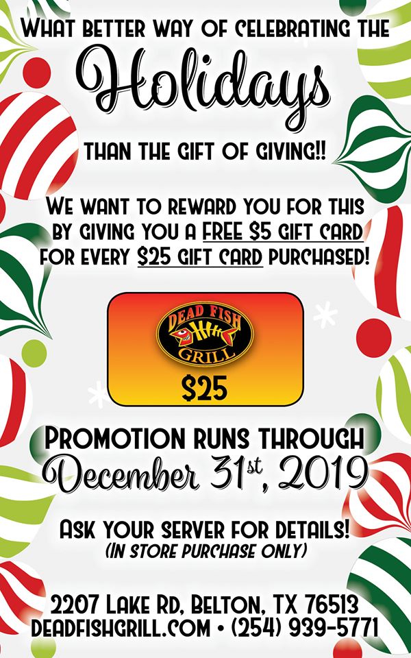 Dead_Fish_Grill's tweet photo. Don't miss out on the amazing deal we have with our gift cards. Only 2 days left! Buy a $25 gift card and receive $5 gift card on us. #Cheers https://t.co/BS7g4kV90h