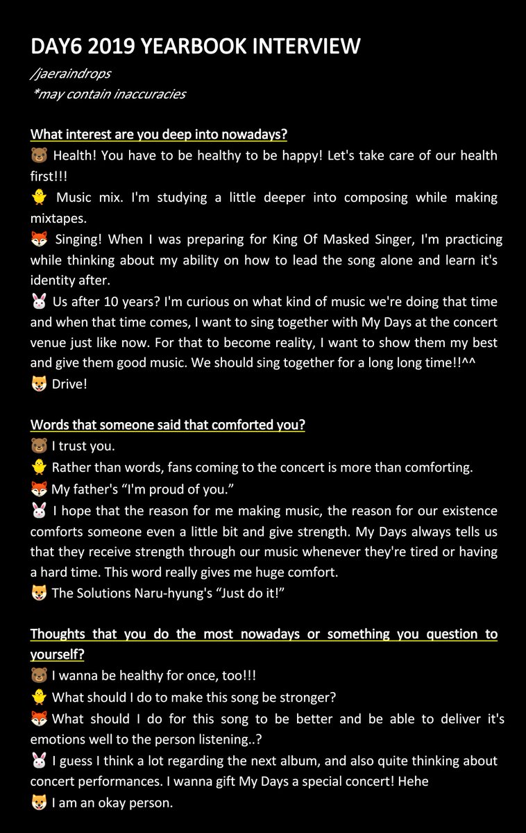 day6scosmos's tweet photo. DAY6 2019 YEARBOOK INTERVIEW (1/2)

trans by. jaeraindrops
*may contain inaccuracies https://t.co/3RHzWgxfEE