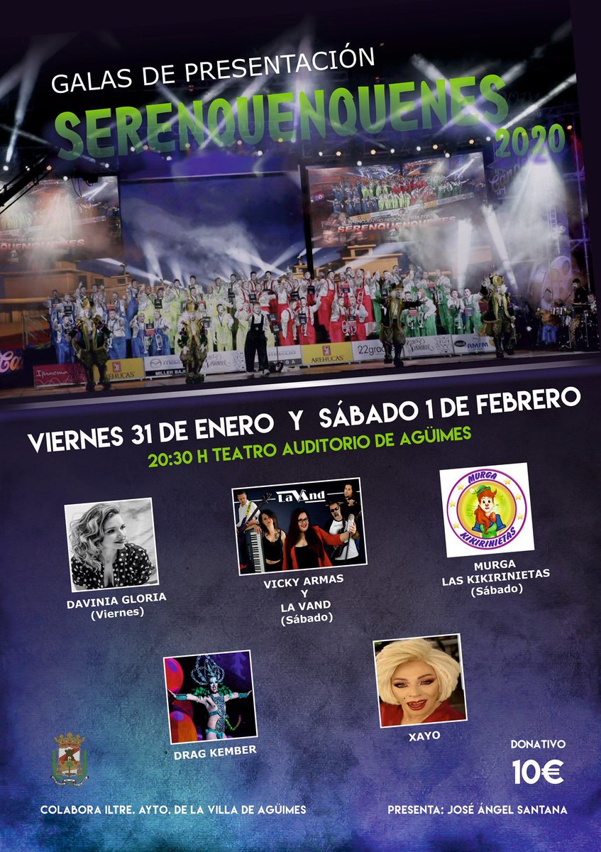 serenquenquenes's tweet photo. ‼️Ya tenemos el cartel para nuestra gala‼️
Recuerda las fechas 🗓, viernes 3⃣1⃣ de Enero y sábado 1⃣ Febrero en el Teatro Auditorio de Agüimes.
¡¡Esta semana saldrán las entradas 🎫 a la venta!!
Estén atent@s 👀 a nuestras redes sociales. 
SERENQUENQUENES 2020🦎🎺
#Serenkes2020 https://t.co/NcqAlCarFN
