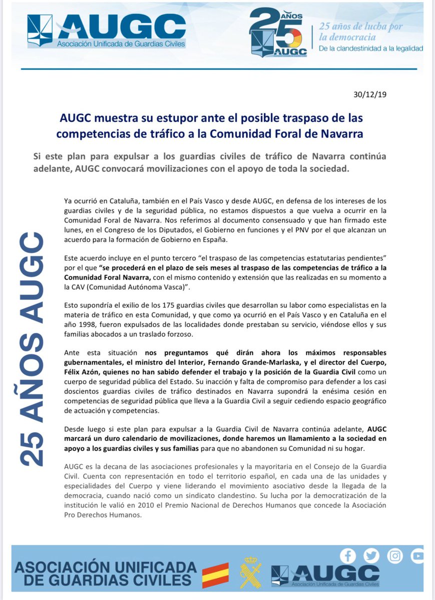 AUGC_Comunica's tweet photo. #ÚLTIMAHORA | AUGC muestra su estupor ante el posible traspaso de las competencias de tráfico a la Comunidad Foral de Navarra

Si este plan para expulsar a los guardias civiles de tráfico de Navarra continúa adelante, AUGC convocará movilizaciones con el apoyo de toda la sociedad https://t.co/P7NmuenSFD