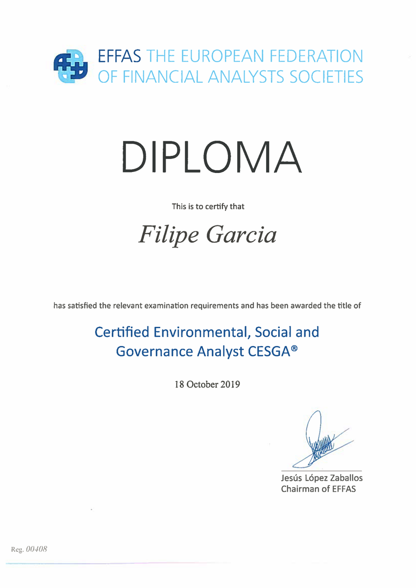 FilipeGarcia's tweet photo. É com satisfação que anuncio que sou um Analista Certificado em ESG - CESGA® A certificação confere formação e avaliação de conhecimentos acerca da integração de elementos #ESG na cadeia de processos de investimento e na avaliação. #cesga #effas #apaf https://t.co/kBK2Q48Vx0