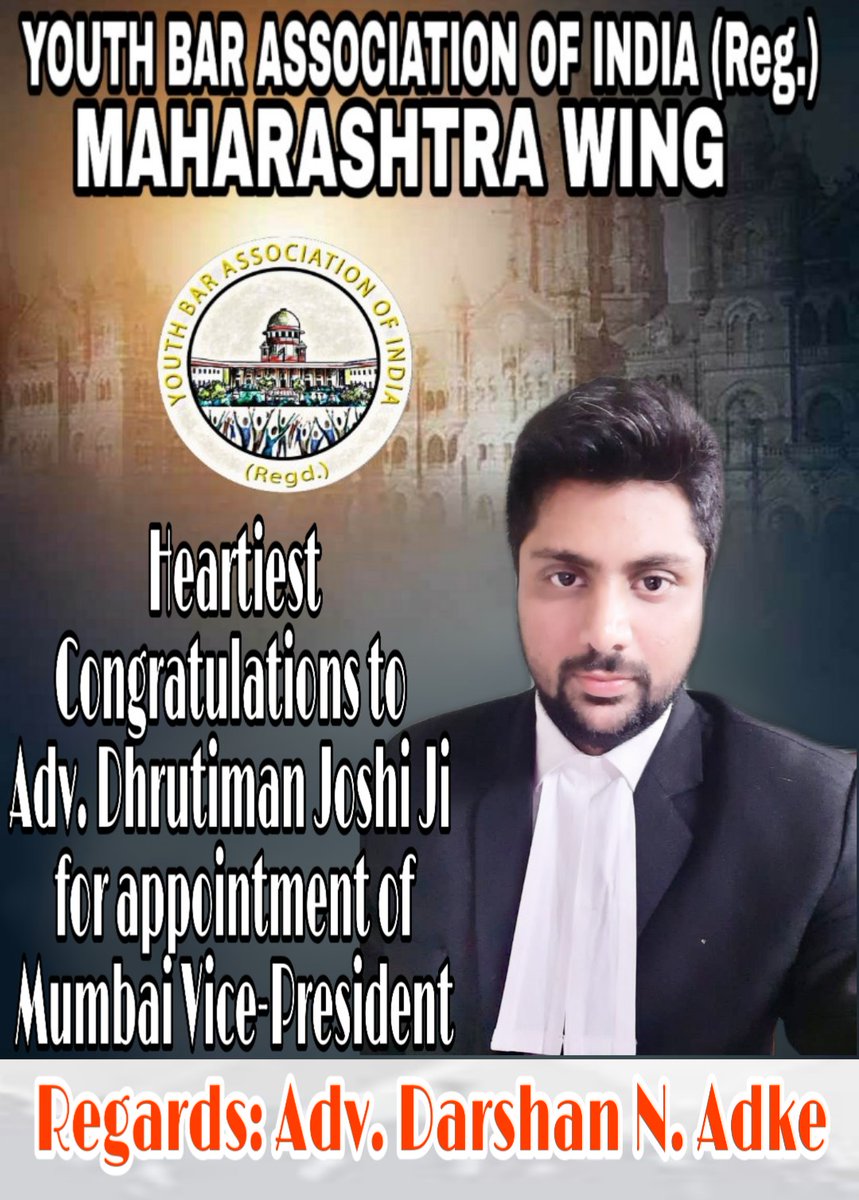 YBAIMahofficial's tweet photo. Heartiest Congratulation to Our Committee Members Adv. Satyaprakash Sharma Ji and  Adv. Dhrutiman Joshi ji for new responsibility and Appointment as Mumbai President and Mumbai Vice - President of "Youth Bar Association of India - (Maharashtra Wing)" https://t.co/sVa62APgPQ