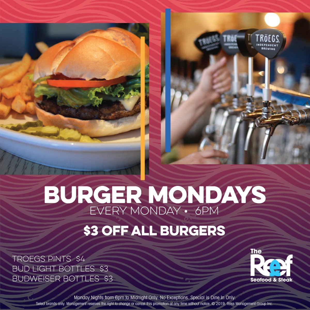 TheReefDelaware's tweet photo. "We’ll do the cooking tonight! $3 Off All Burgers starting at 6pm. Plus $4 Tröegs Pints All Day every Monday! 
🍺🍔🍟😍 

#TheReefDelaware #Delaware #Burgers #BurgerNight #WilmingtonDE #Troegs" https://t.co/DfaGNNnT3S