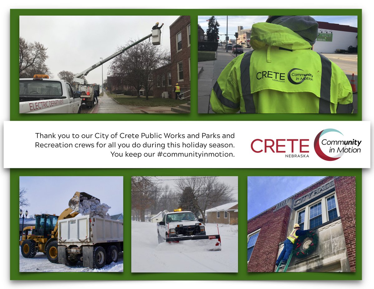 CreteNE's tweet photo. We greatly appreciate the crews who keep @CreteNE safe and moving during the #holidays and the #winter season. #Nebraska #communityinmotion #thankyou #publicworks #publicparks #CreteFireNE #volunteerfiredept @CretePoliceNE https://t.co/FkNreBuIp4