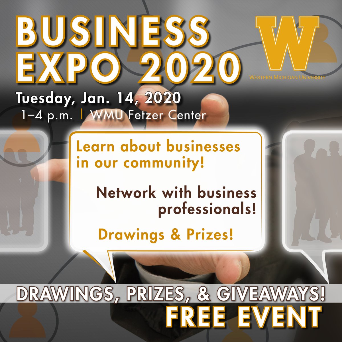 FetzerCenter's tweet photo. Learn more about local businesses and network with business professionals at the WMU Connect Business Expo 2020 happening on Tuesday, Jan. 14 from 1-4 p.m.! If you’d like to RSVP or be a vendor, check out https://t.co/lgFoRO5Vsh for more info. https://t.co/p4lw4vE6dY