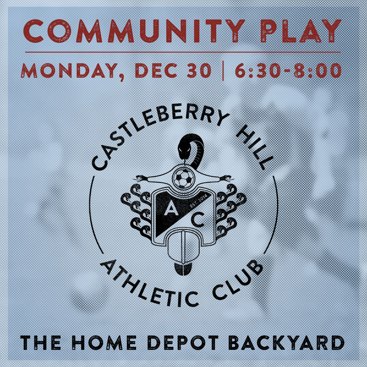 Join us this evening from 6:30p-8:00p (DEC 30) for our weekly pick-up soccer match <a href="/thdbackyard/">The Home Depot Backyard</a>

. Parking is available at the Mercedes-Benz Lot. 
#CHAC #CastleberryHillAC #CastleberryHill #Atlanta #ATL #NvmqvamSolvsBibes #Soccer #PickUpSoccer #CommunityPlay #KickAbout
