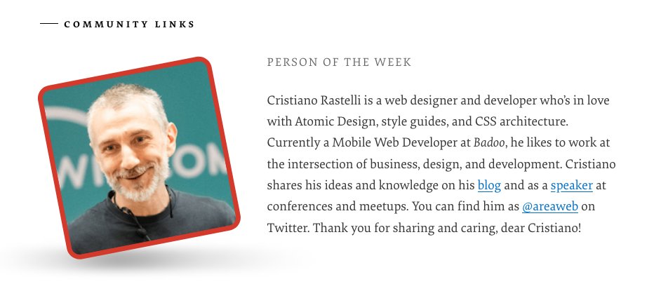 A screenshot of SmashingMag's front page with Cristiano Rastelli being featured as Person of the Week