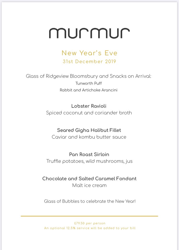 Last couple spots available for New Years Eve at Murmur tomorrow night! 

First sitting from 6pm, second sitting from 8:45.

The menu looks delicious, we’re in for a treat of a night 😋

Just book on our website 😀