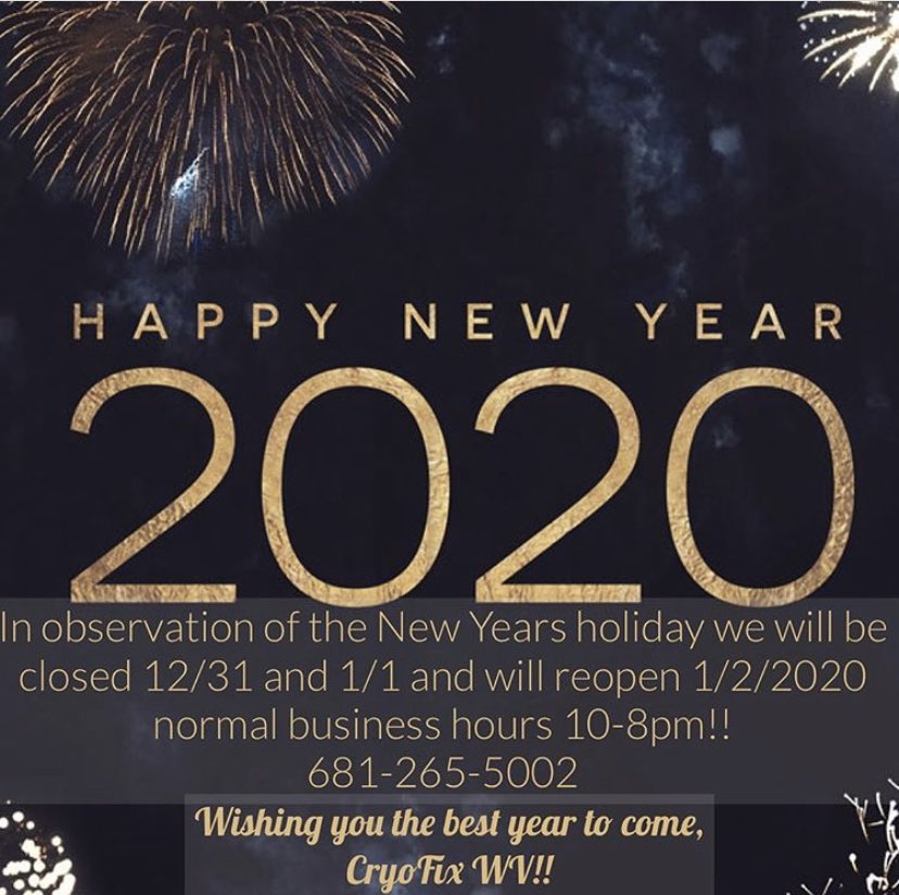 CryofixWv's tweet photo. Call us at 681-265-5002 to get your appointment today!! Thank you for a great year we look forward to helping you muscles recover in 2020!! #2020WillBeTheYearFor #2020goals #2020Vision #newyeads #NewYearsEveEve #MondayMotivation #cryotherapy #cryofixwv #wv https://t.co/vDgSYCPeLo