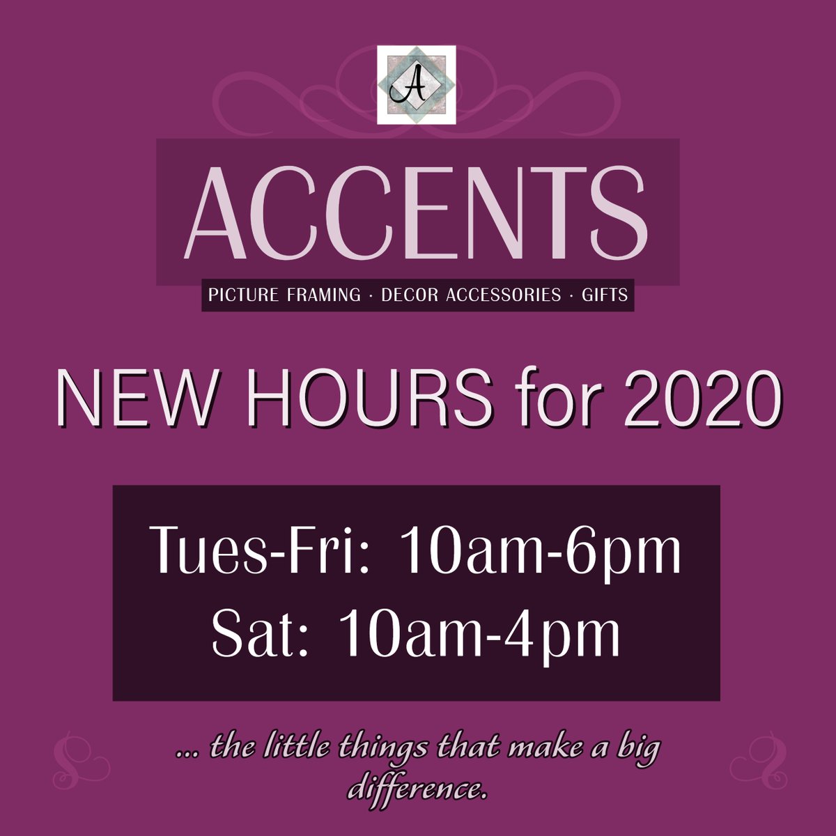 AccentsFraming's tweet photo. New for 2020! We are open Tuesday thru Friday 10am-6pm and Saturday 10am-4pm! Here after work and on Saturday when YOU have time to visit. #accents93422 https://t.co/WftQ0zCIdk