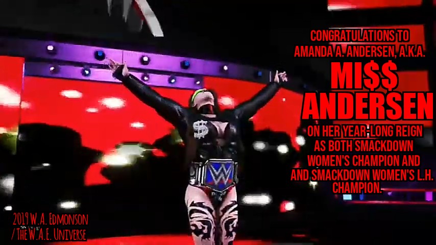 B_eWrestlingTV's tweet photo. Congrats to @MissAndersenWAE on her year-long reign as both #SmackDown Women's champion (12/30/2018 to 12/30/2019) and #SmackDownLIVE Women's L.H. Champion. What does #NewYear2020 bring as issues between her and rival Jennifer Morgan are not yet resolved. #WWE2K20 #eWrestling https://t.co/tBA5D5uECy