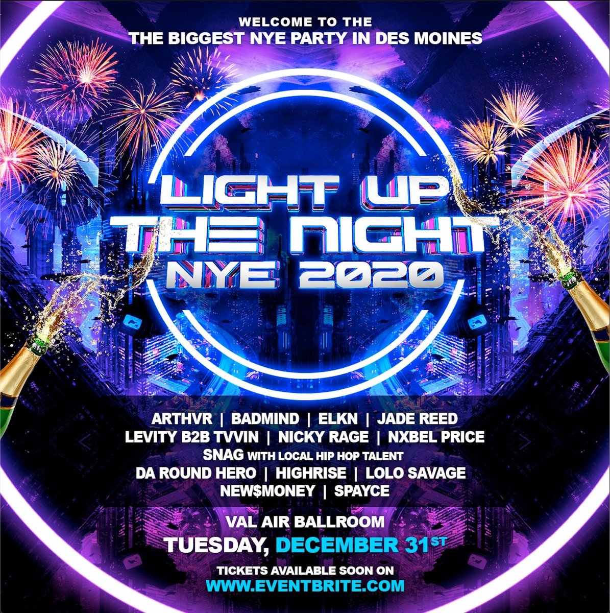 Tomorrow we celebrate! 🍾🍾 Join us for Light Up The Night, the BIGGEST NYE PARTY in Des Moines! ✨
Val Air Ballroom - Doors at 6:30

👉 bit.ly/lightup_2020