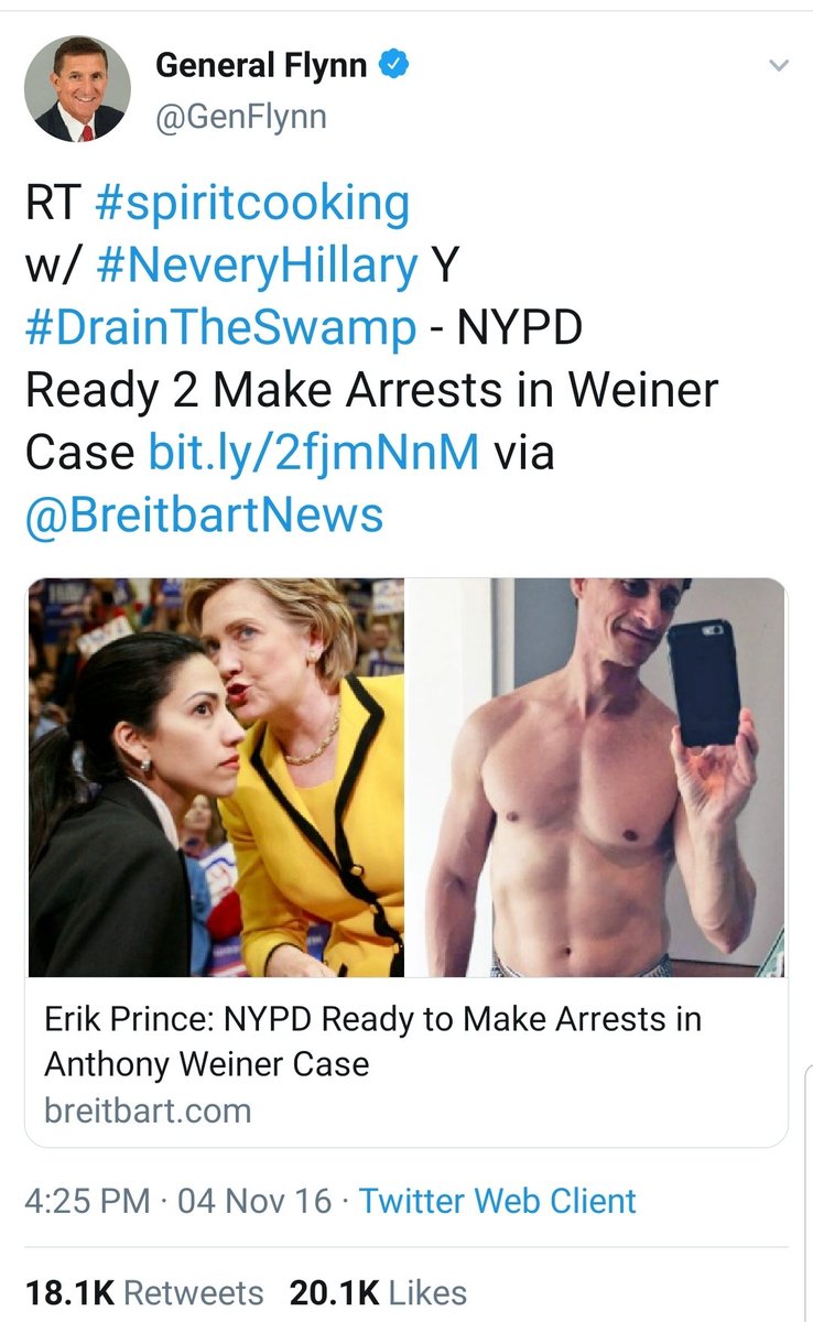 Beardvet's tweet photo. @cov_Gretchen @GenFlynn @MarkGeistSWP @TJHproject The General warned us on Nov. 4th 2016. If you don't know what Spirit Cooking is, might want to look it up for yourself?!!!
#ImWithFlynn ⭐⭐⭐ https://t.co/daOdx5azC7