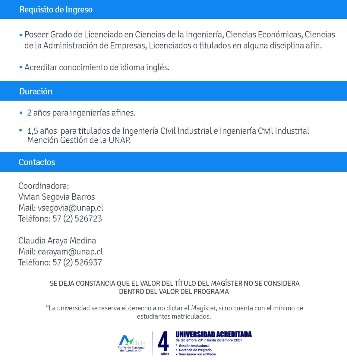 iciunapcl's tweet photo. Estimados Alumnos  y Exalumnos, los invitamos a conocer más sobre nuestro Magíster en Gestión  Industrial, el que comenzaremos a impartir desde Marzo 2020. Para mayor información deben contactarse con Claudia Araya al 57-2526937 o al correo carayam@unap.cl https://t.co/Rqt4thfm9n