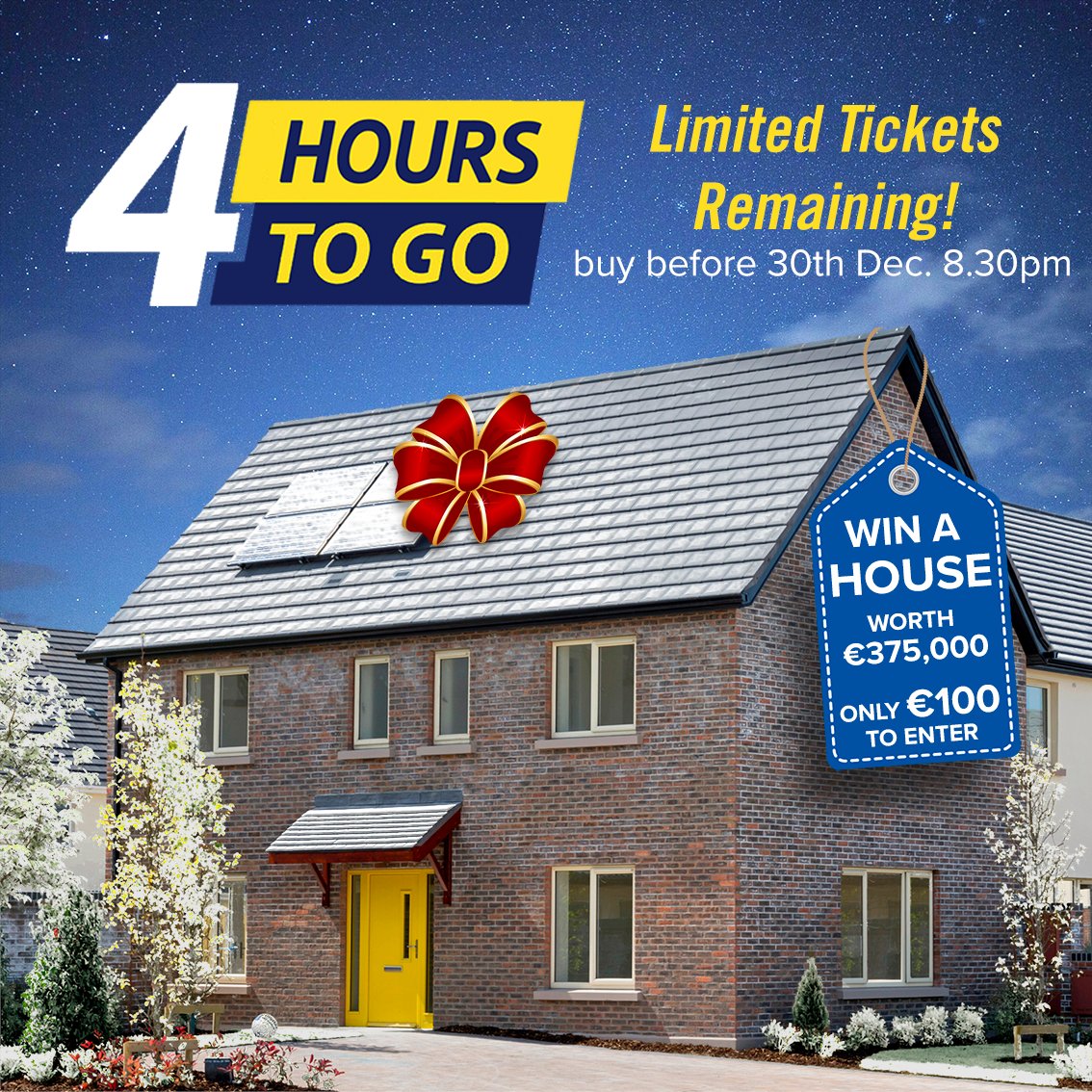 ⏰ 4 HOURS TO GO!! 😱⏰  Get your ticket 🎟 before its too late at winindublin15.ie or at the Kilmore Hotel until 8.30pm today! 🎟🎁 Someone will win a House worth €375,000! 🥳 Cash prizes also 💶 #winindublin15