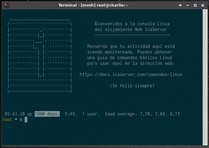 icaserver's tweet photo. El servidor Charlie ha cumplido 1000 días de uptime 😋 https://t.co/xjmyNjHfwj