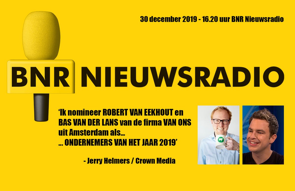 Ik heb met plezier de topondernemers <a href="/delans/">Sebastiaan van der Lans 🇪🇺🏳️‍🌈</a> <a href="/robertvane/">Robert van Eekhout</a> uit #Amsterdam genomineerd in de verkiezing ONDERNEMER VAN HET JAAR, live op BNR NIEUWSRADIO.

#ondernemerschap #vanOns #BNR #ikhoorbijBNR #spitsuur <a href="/BNR/">BNR Nieuwsradio</a> 

Ik heb hier het luisterfragment:

bnr.nl/player/archief…