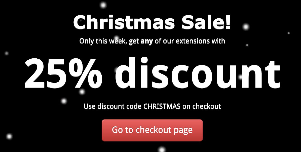 JoomlaThat's tweet photo. Only one day left! get 25% discount on any of our extensions at https://t.co/E5Ni3ZuokD with coupon code CHRISTMAS https://t.co/VVVxRy5K3q