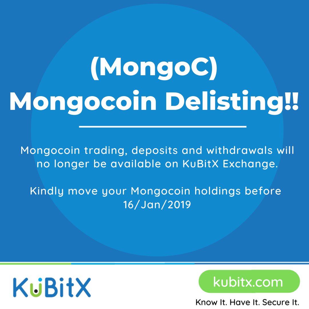 kubitx's tweet photo. Announcement!!
@MONGOcoin (MongoC) deposits, withdrawals & trading will no longer be supported on KuBitX Exchange https://t.co/VBliuuZxnV as from 16/Jan/2020
Kindly move all your (MongoC ) to a supported wallet before 16/Jan/2020
#KuBitXExchange #blockchain https://t.co/BR0J6MmHuZ