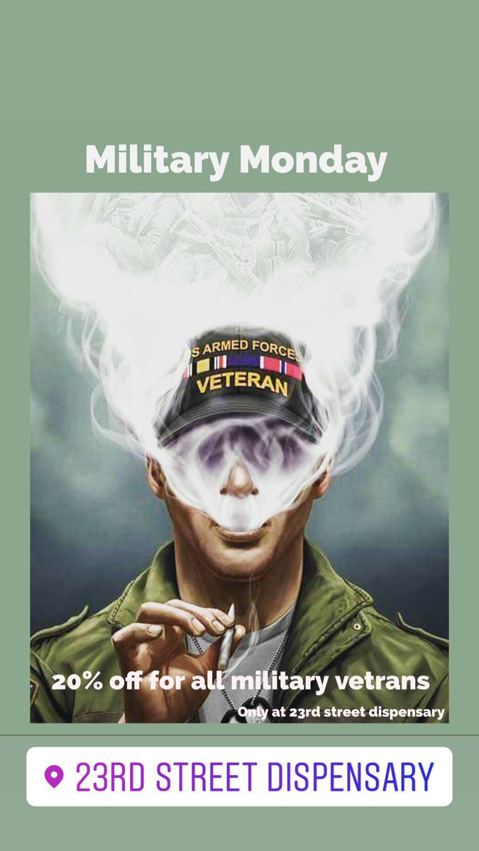 23StDispensary's tweet photo. Save 20% off all military veterans!! Open 11-7! #CannabisCommunity #okcannabis #Oklahomammj #MedicalCannabis #cannabis #edibles #vapes #topicals #tinctures #deals #MondayVibes #medicine #veterans #medicatedveterans #okc #dispensary https://t.co/UZpMhjRMrB