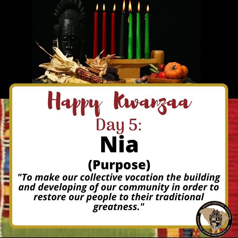 scalphastrong's tweet photo. Happy Kwanzaa from SC Alpha!
The 5th principle of Kwanzaa is “Nia/Purpose”
#purpose #nguzasaba #kwanzaa #scalphacelebrateskwanzaa #scalpha https://t.co/5PBmFx0spF