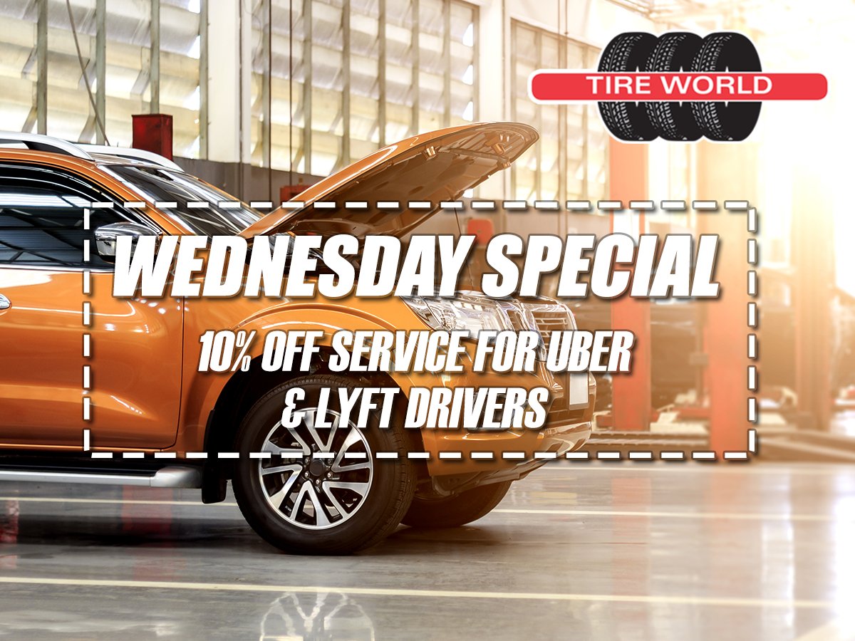 TireWorld1's tweet photo. On Wednesdays we now offer 10% off service for Uber and Lyft drivers. Call the shop for questions!  Must show proof you are a Lyft or Uber driver  #TireWorld #WednesdaySpecial https://t.co/6I4GWhQDu0