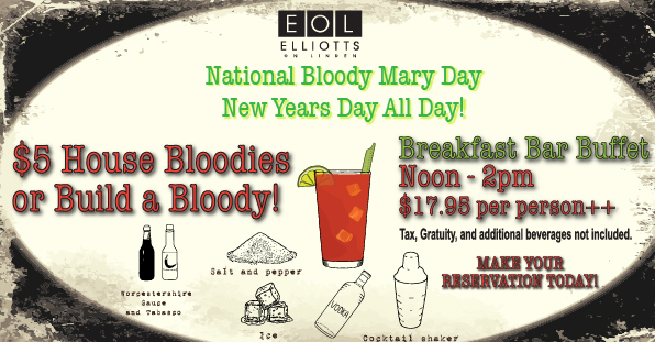 Elliotts_Linden's tweet photo. After celebrating the night away, Elliotts has the goods to help you bounce back into the New Year! Come in and enjoy $5 House Bloody Mary's or create your own (for a little extra)! The Bloody Mary's will keep flowing throughout the afternoon till the breakfast bar closes. https://t.co/iItTDyXth2