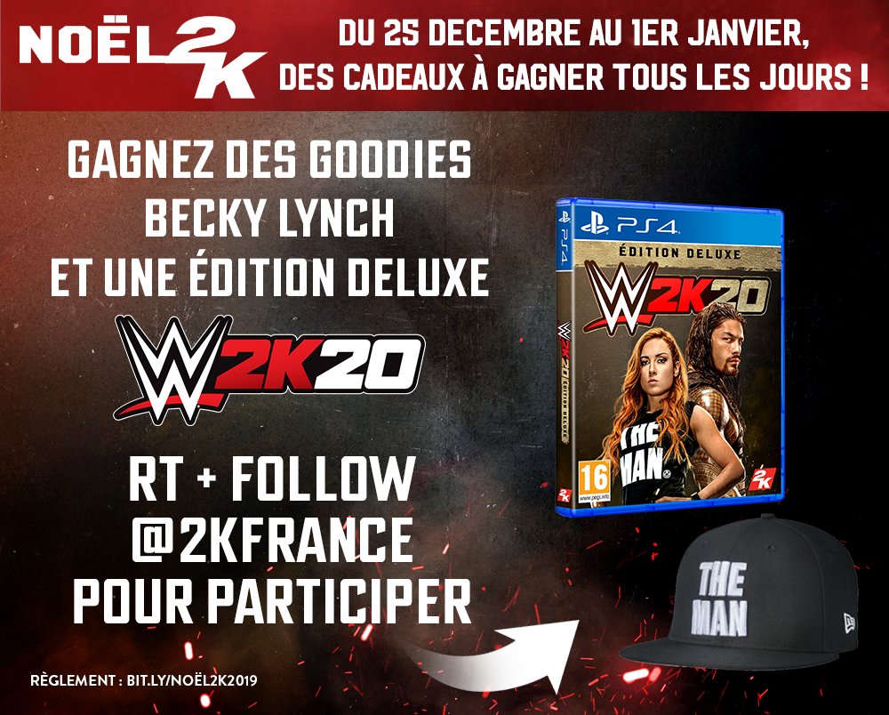 2KFrance's tweet photo. #Noël2K ! 
🎄 30 décembre 🎄
Suivez @2KFrance + RT ce tweet pour tenter de gagner un pack #WWE2K20 !

🎁 Édition Deluxe sur PlayStation 4
🎁 Casquette New Era The Man
🎁 Chope The Man

 Règlement : https://t.co/EBZimen1Sh https://t.co/s8kBhyFs8q