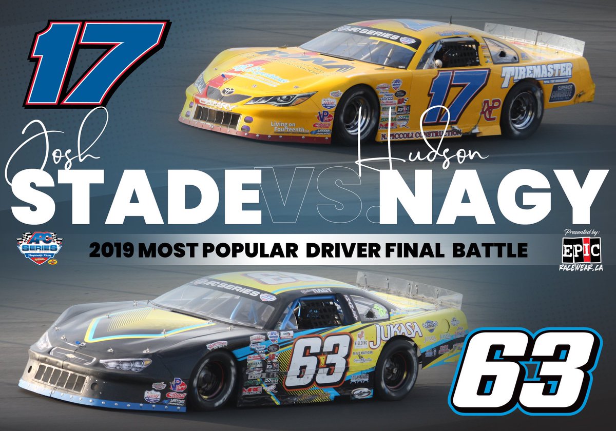 UnitedLMSeries's tweet image. This is it! The main event of the 2019 APC Series Most Popular Driver bracket presented by @EpicRaceWear_ca!

Championship battle is #17 @PrimeTimeStade Vs. #63 @HudsonNagy

Vote for #17 Stade BY RETWEETING this post🔀

Vote for #63 Nagy by LIKING this post❤️