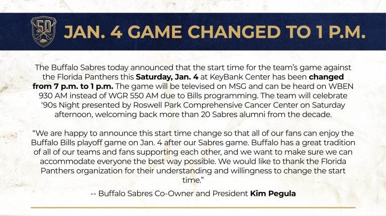 BrianWGR's tweet photo. #Sabres announce game change for Jan 4th https://t.co/E74YKOjPtK