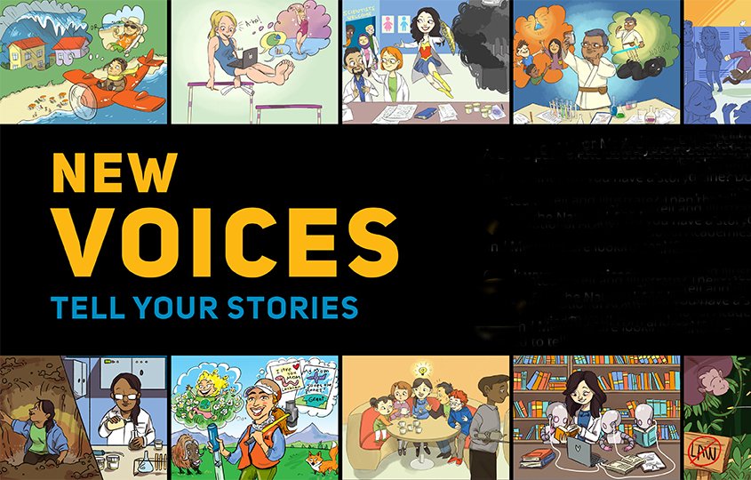 New voices logo: illustrations of scientists doing all sorts of things -- from gymnastics to being Wonder Woman. 