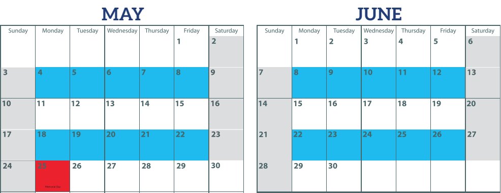 The Southern-Northern recycling pickup schedule for May and June 2020 in the City of Pittsburgh, showing recycling pickups scheduled for the weeks beginning 4 and 18 May, and 8 and 22 June.