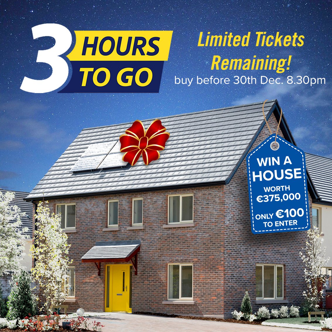 ⏰ 3 HOURS TO GO!! ⏰ Last chance to enter! 😱 Buy your ticket now 🎟 at winindublin15.ie or at the Kilmore Hotel before 8.30pm today! 🎟🎁 Someone will win a House worth €375,000! 🥳 Cash prizes also 💶 #winindublin15